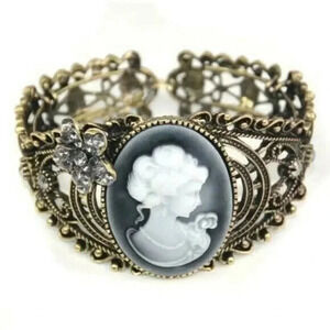 Victorian Steampunk Antiqued Brass Cameo Filigree Cuff Bracelet